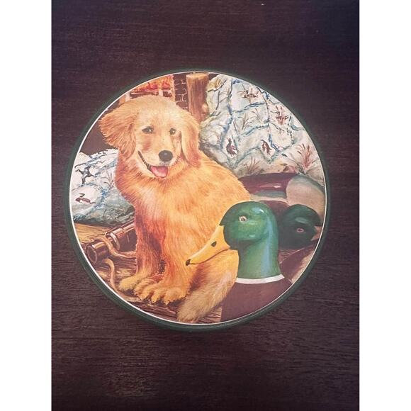 VTG Golden Retriever Puppy Dog Mallard Duck Round Tin Retro Country Decor - Picture 1 of 8